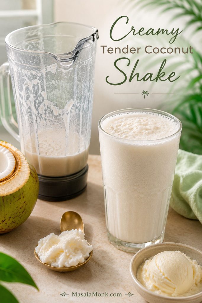 Creamy tender coconut shake in a glass beside a blender jar, malai, coconut water, and vanilla ice cream.