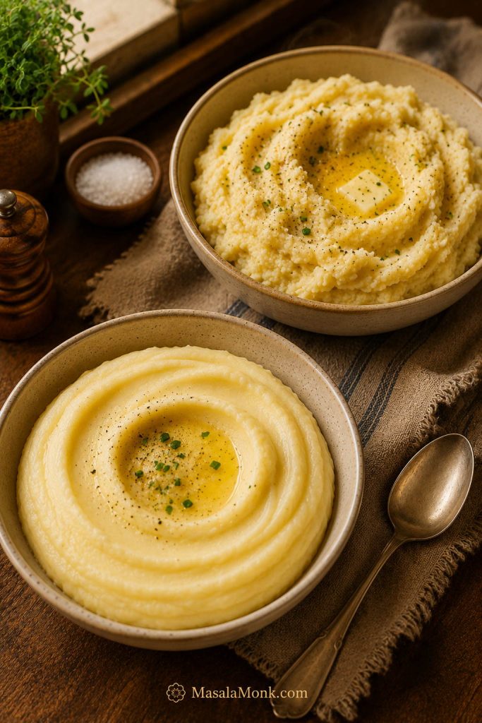 Two servings of mashed potatoes showing one smoother creamy texture and one lighter fluffy texture.