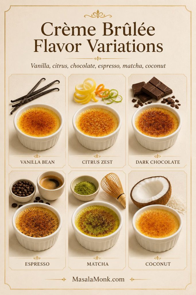 Crème brûlée flavor variation board showing vanilla bean, citrus zest, dark chocolate, espresso, matcha, and coconut options.
