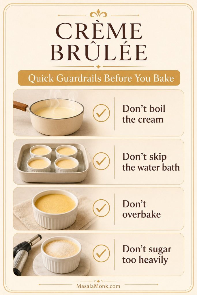 Crème brûlée guardrails checklist showing not boiling the cream, not skipping the water bath, not overbaking, and not adding too much sugar.