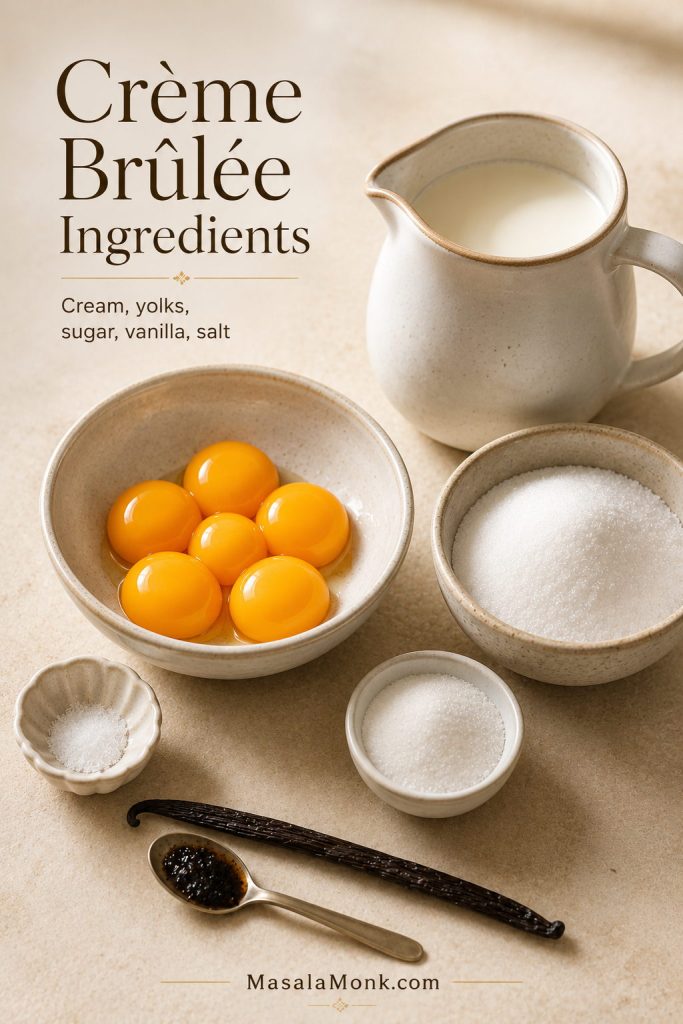 Crème brûlée ingredients arranged on a light surface, including heavy cream, egg yolks, white sugar, vanilla, and fine salt.