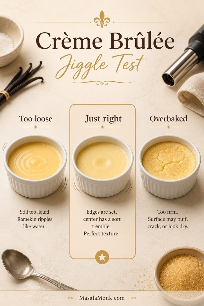 Crème brûlée jiggle test board comparing too loose, just right, and overbaked custard before torching.