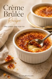 Shallow white ramekin of crème brûlée with a spoon breaking the caramelized sugar crust to reveal smooth vanilla custard underneath.
