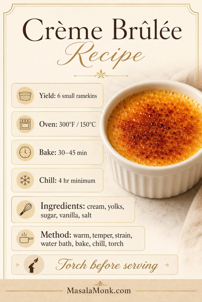 Saveable crème brûlée recipe card showing yield, oven temperature, bake time, chill time, ingredients, method steps, and torch-before-serving note.
