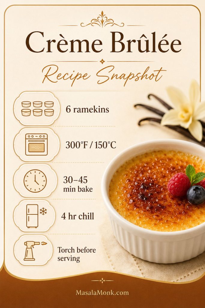 Crème brûlée recipe snapshot board showing 6 ramekins, 300°F or 150°C oven temperature, 30 to 45 minute bake time, 4 hour chill time, and torch-before-serving note.