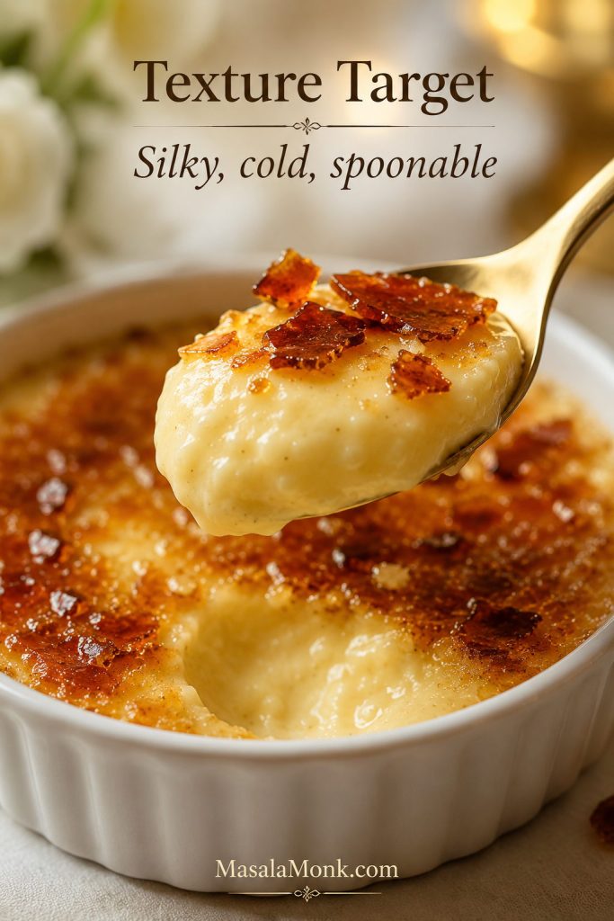 Close-up spoonful of chilled crème brûlée custard with amber caramel shards, showing a smooth and spoonable texture.