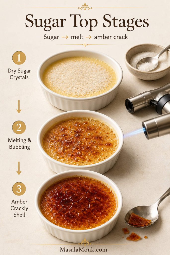 Three-stage crème brûlée sugar top board showing dry sugar, melting caramel, and a hardened amber crackly shell.