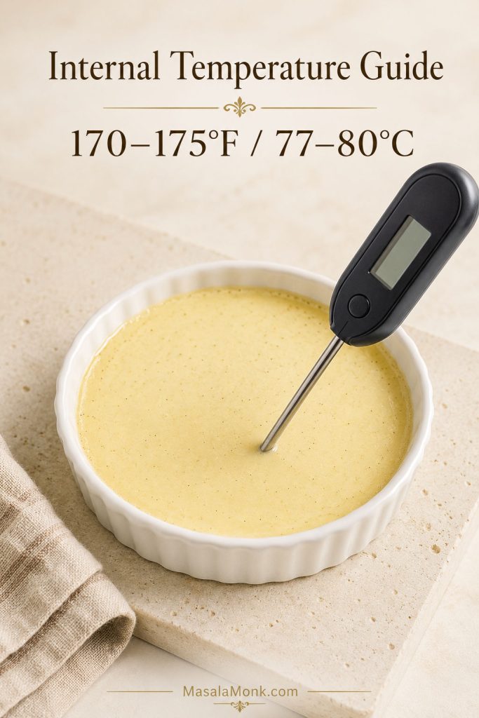 Instant-read thermometer inserted into the center of a pale baked crème brûlée custard with a target temperature of 170 to 175°F or 77 to 80°C.
