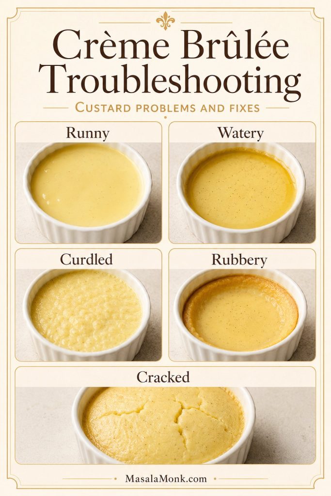 Crème brûlée troubleshooting board showing runny, watery, curdled, rubbery, and cracked custard problems.
