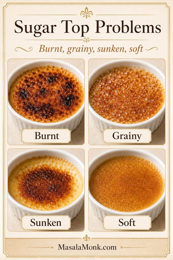 Crème brûlée sugar-top troubleshooting board showing burnt, grainy, sunken, and soft caramelized sugar problems.