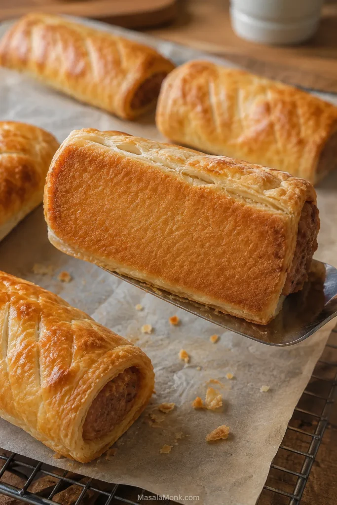 A baked sausage roll lifted with a spatula to show an evenly browned crisp bottom.