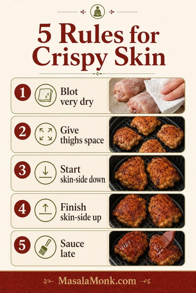 Infographic showing five rules for crispy air fryer chicken thigh skin, including drying, spacing, flipping, and saucing late.