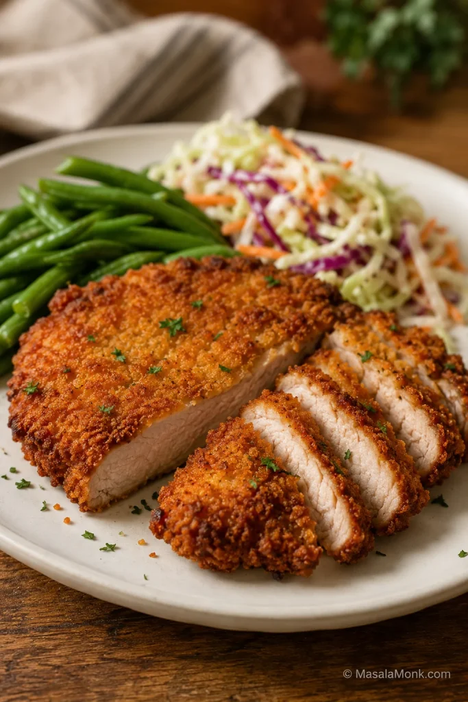 Crispy breaded air fryer pork chop sliced on a plate with slaw and green beans.