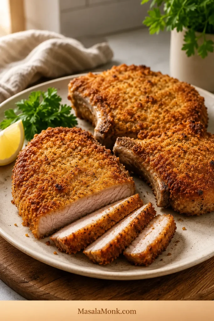Golden breaded air fryer pork chops with crisp breadcrumb coating on a plate.