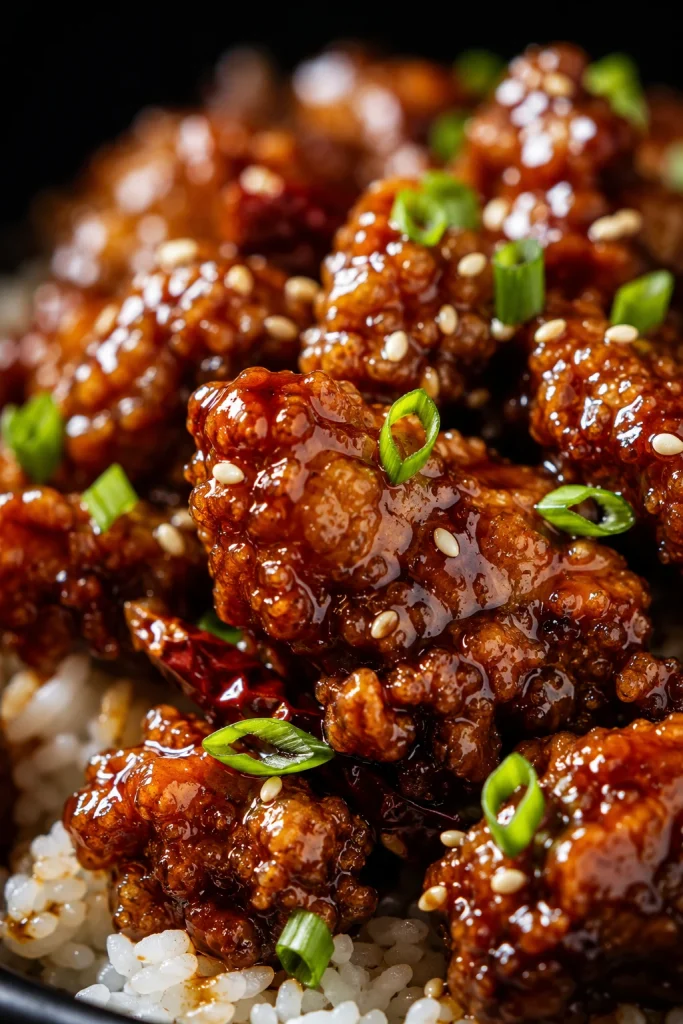 Close-up of sauced General Tso chicken pieces with rough crispy ridges, sesame seeds, scallions, and white rice underneath.