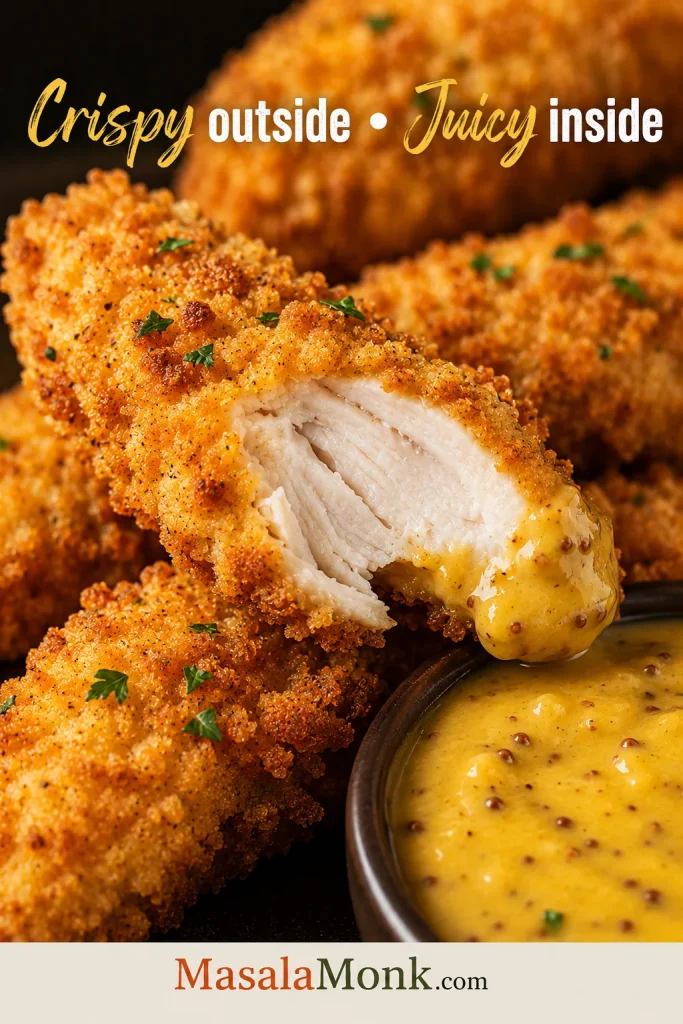 Close-up of a cut-open crispy chicken tender with golden panko coating, white cooked chicken inside, and honey mustard dip nearby.
