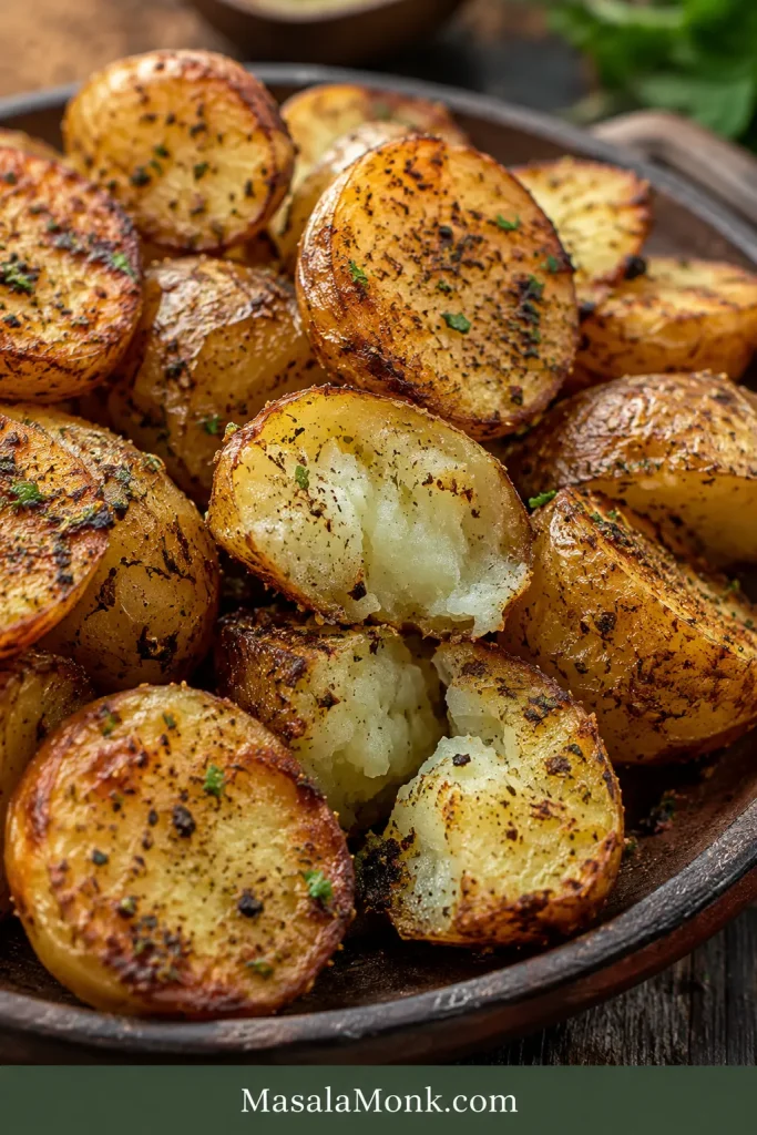 Close-up of roasted ranch potatoes with browned flat sides, crisp edges, herb flecks, and a broken piece showing a soft center.