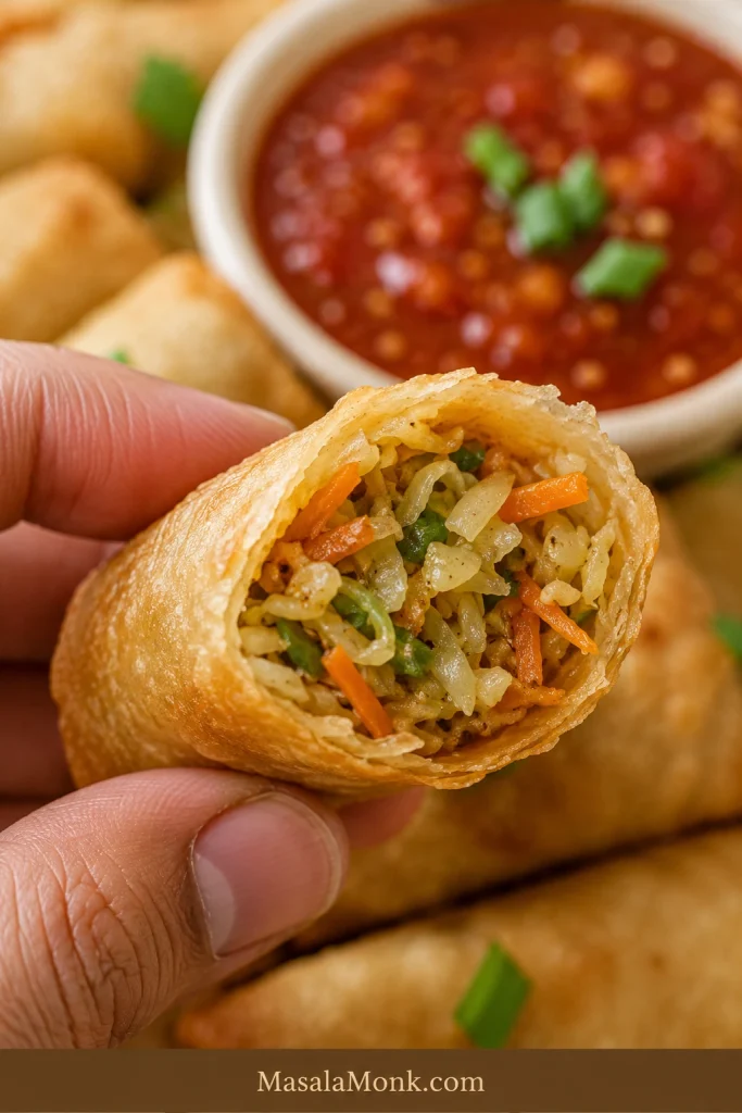 A hand holding a bitten crispy spring roll with cabbage and carrot filling visible inside the golden wrapper.