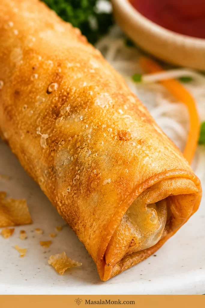 Close-up of a golden spring roll wrapper with a lightly blistered crisp surface and small flakes.