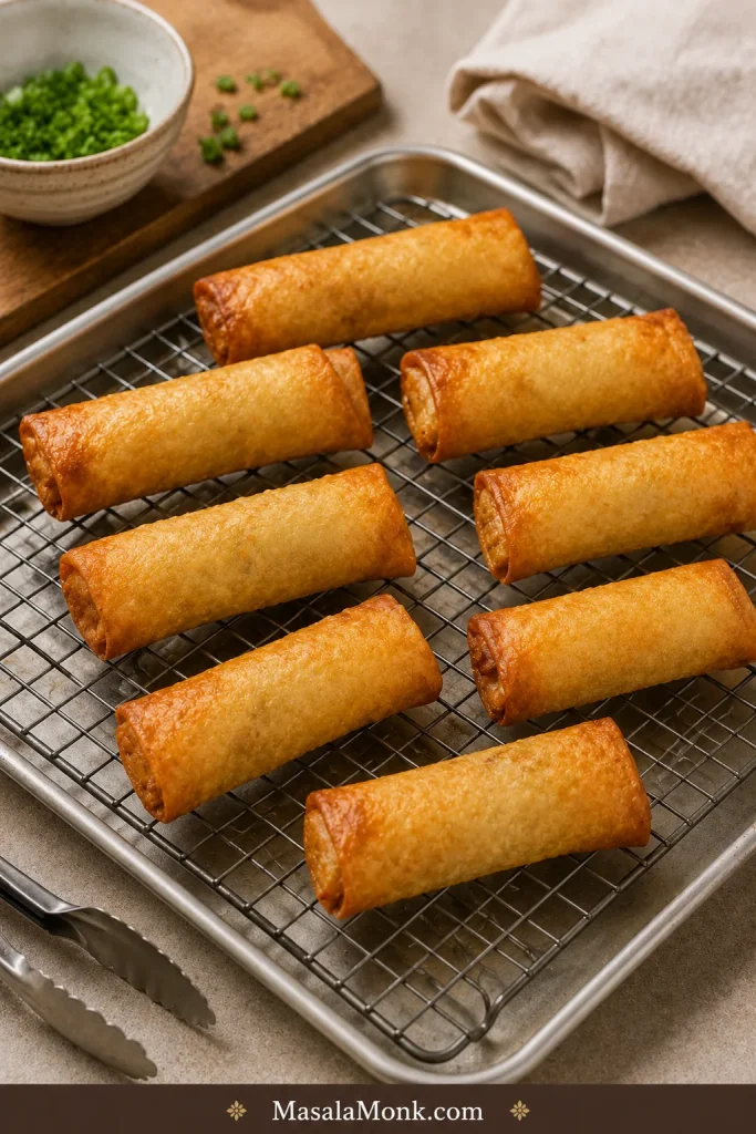 Freshly fried spring rolls draining on a wire rack over a tray.