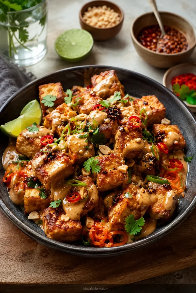 Crispy golden tofu cubes with peanut sauce, chili, herbs, lime and crushed peanuts.