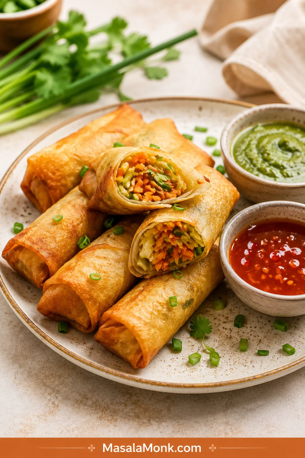 Crispy vegetable spring rolls on a plate with sweet chili sauce, green chutney, and one roll cut open to show the filling.