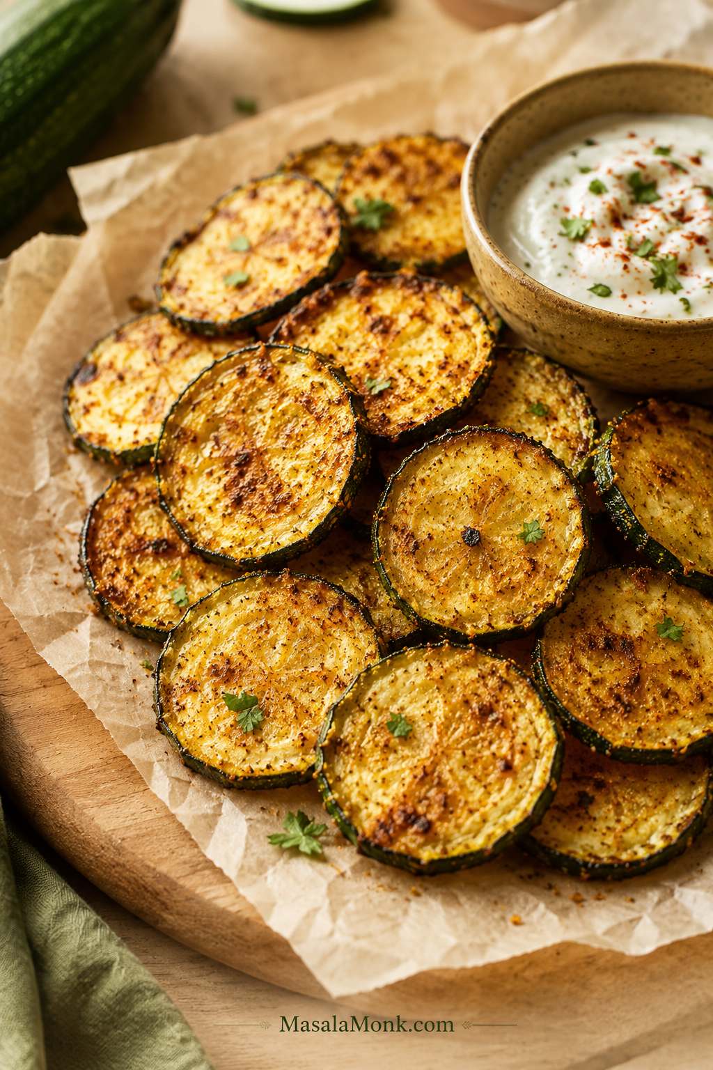 These crispy zucchini chips are golden at the edges, tender in the center, and best dipped while the parmesan still has its crunch.