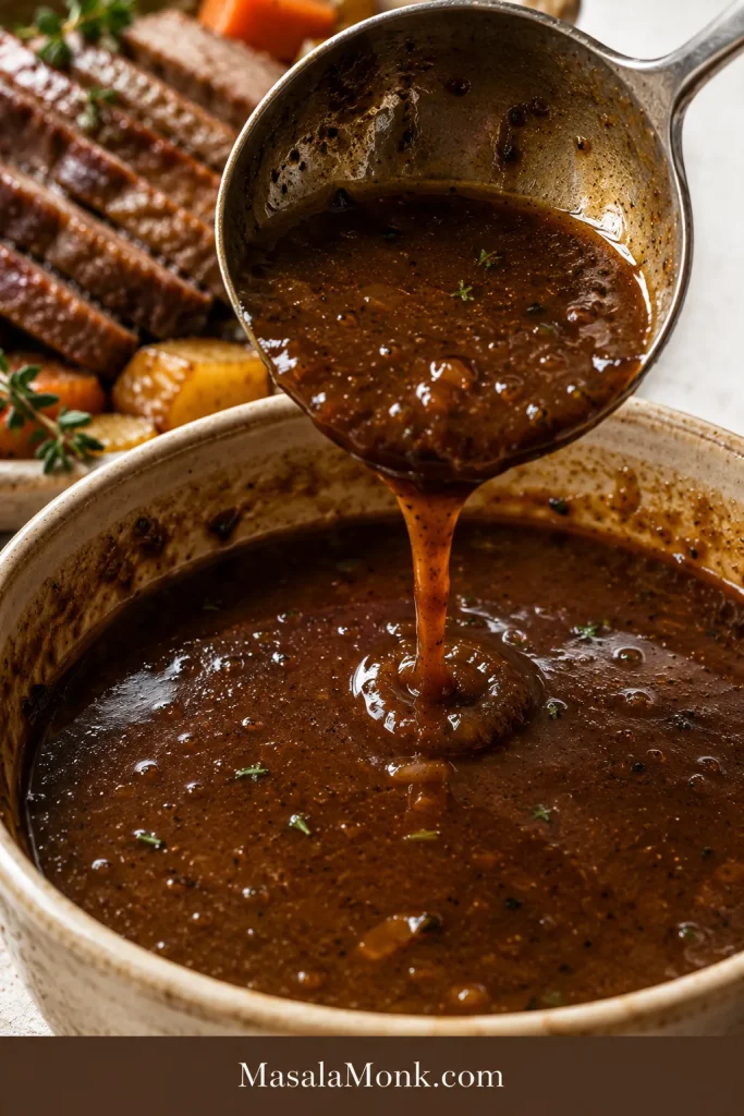 Thick brown gravy being poured from a ladle into a bowl, with sliced beef and vegetables blurred in the background.