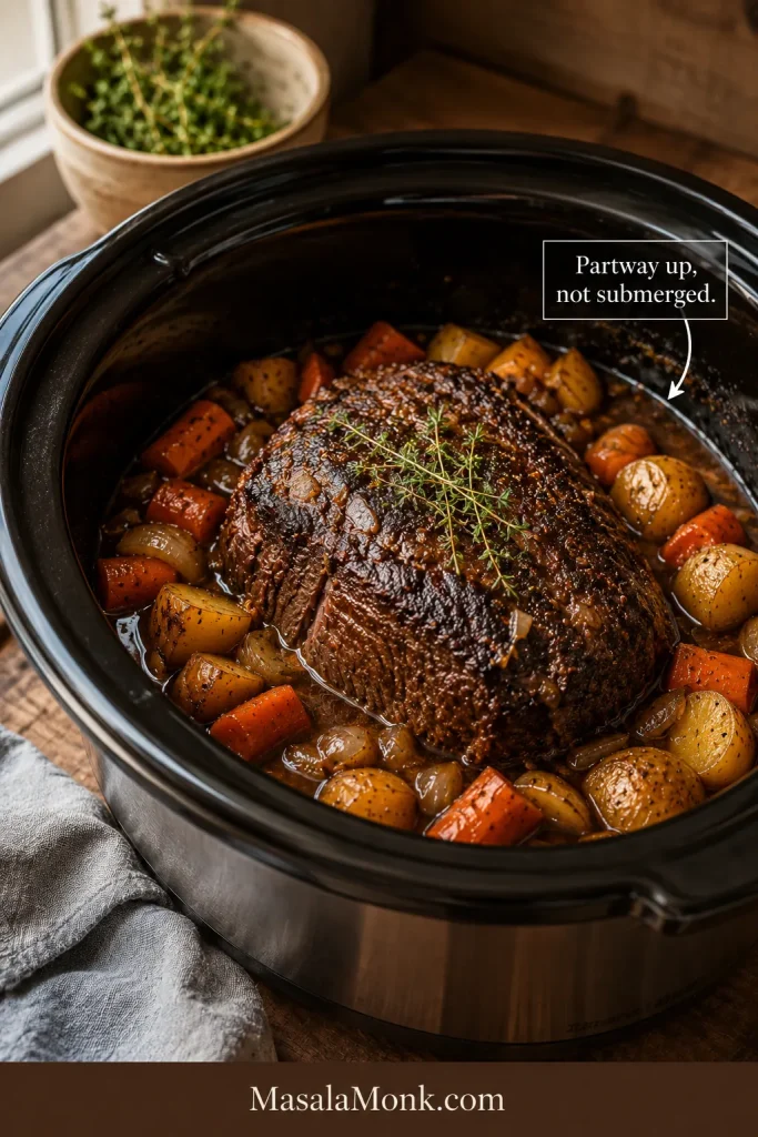 Beef shoulder roast in a slow cooker with brown liquid coming partway up the sides and a label that says Partway up, not submerged.