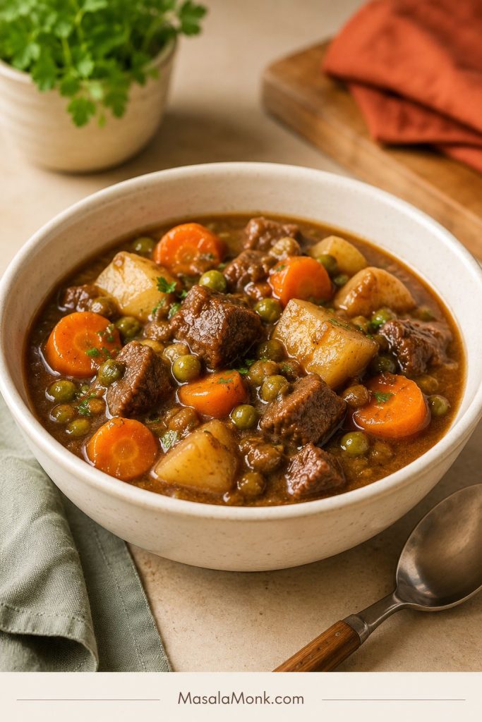 A bowl of Crock Pot beef stew with beef, potatoes, carrots, peas, and brown gravy on a neutral surface.