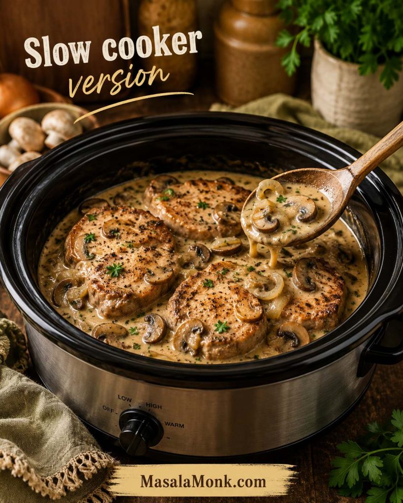 Crock pot cream of mushroom pork chops with creamy gravy, mushrooms, onions, parsley, and a spoon lifting sauce from the slow cooker.