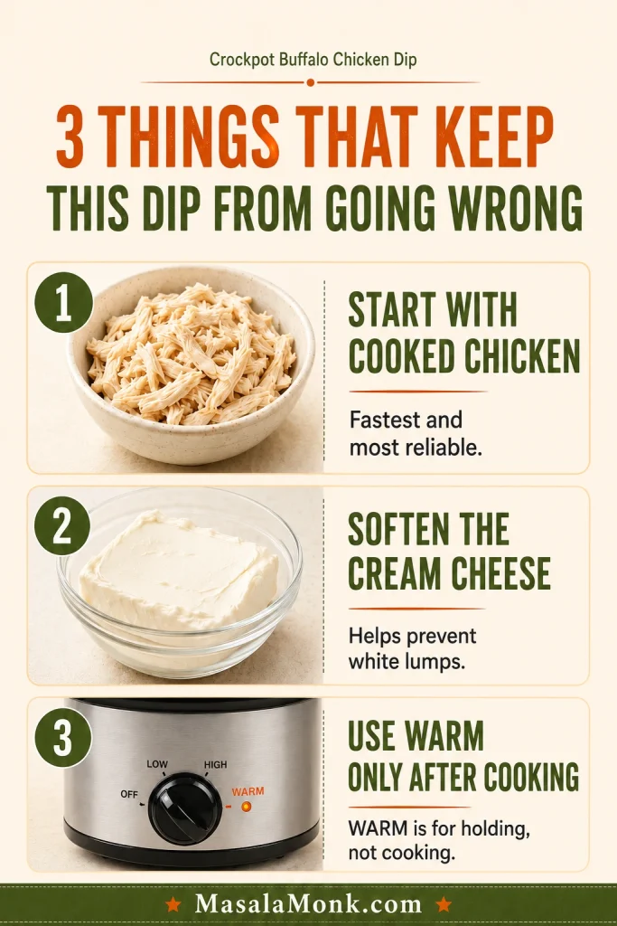 Infographic with three crockpot buffalo chicken dip tips: use cooked chicken, soften cream cheese, and use WARM only after cooking.