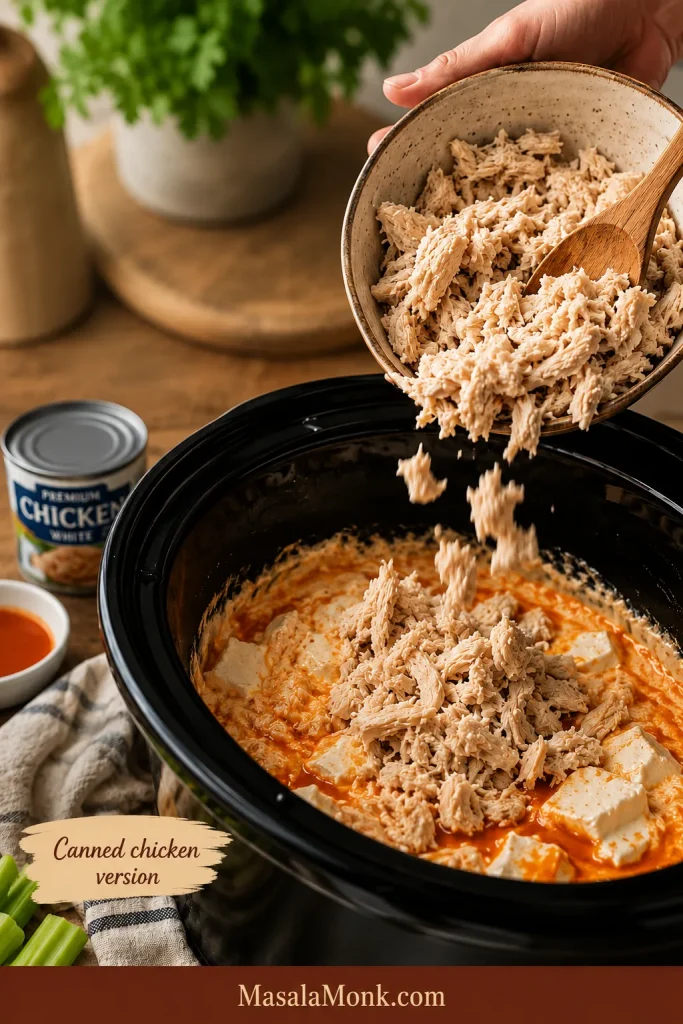 Drained canned chicken being added to a slow cooker with cream cheese and buffalo sauce for buffalo chicken dip.
