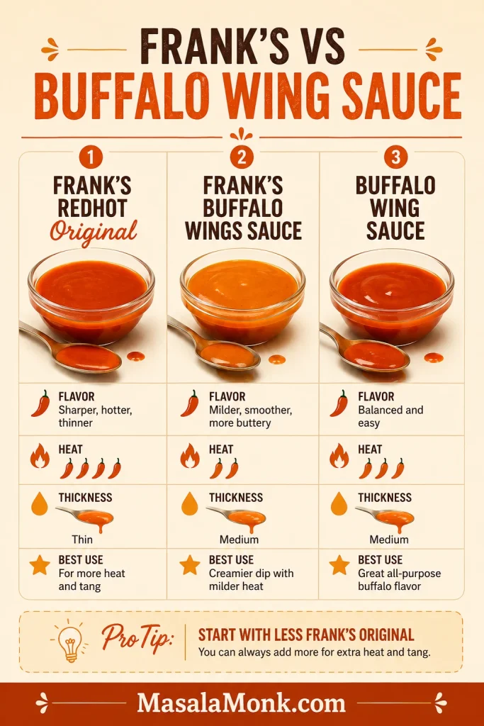 Comparison chart of Frank’s RedHot Original, Frank’s Buffalo Wings Sauce, and buffalo wing sauce for crockpot buffalo chicken dip.