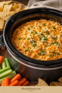 Creamy crockpot buffalo chicken dip in a dark slow cooker with green onions, blue cheese crumbles, tortilla chips, celery, and carrots.