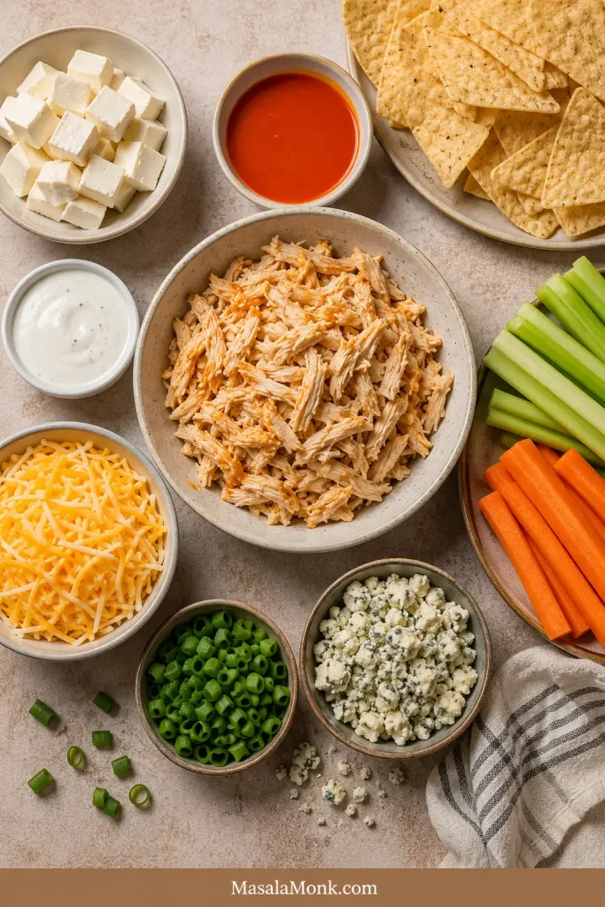 Overhead ingredient board with shredded chicken, cream cheese, buffalo sauce, ranch dressing, shredded cheese, green onions, blue cheese crumbles, chips, celery, and carrots.