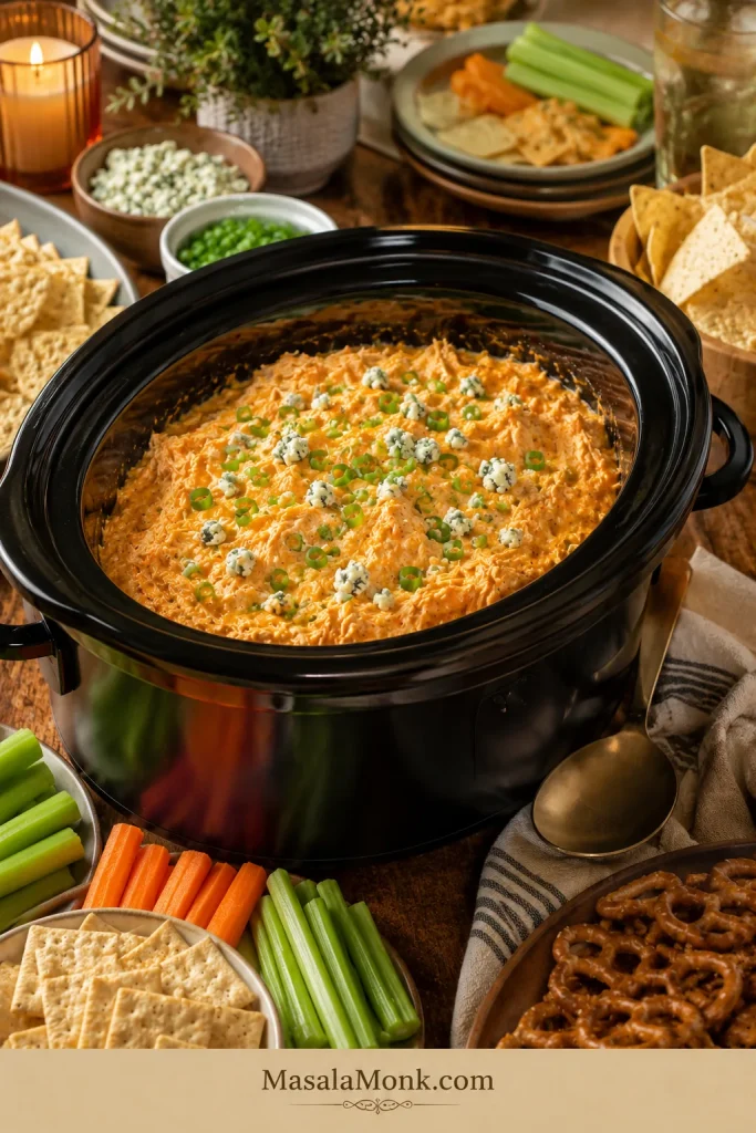 Crockpot buffalo chicken dip on a party table with chips, celery, carrots, crackers, pretzels, plates, napkins, and a serving spoon.