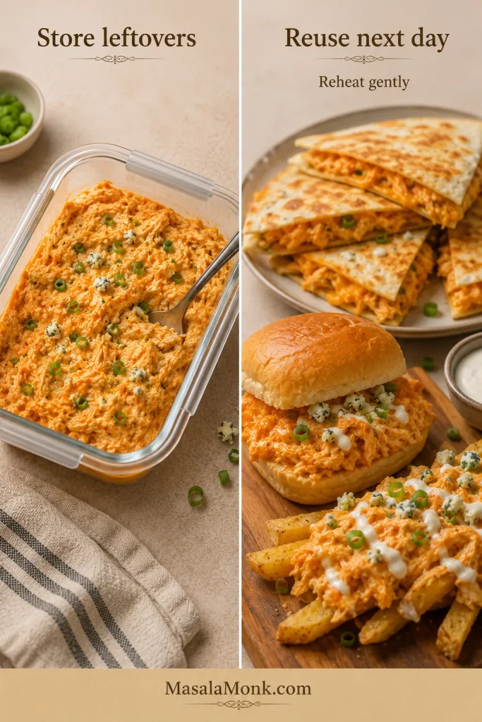 Leftover buffalo chicken dip stored in a glass container and reused in quesadillas, sliders, and loaded fries.