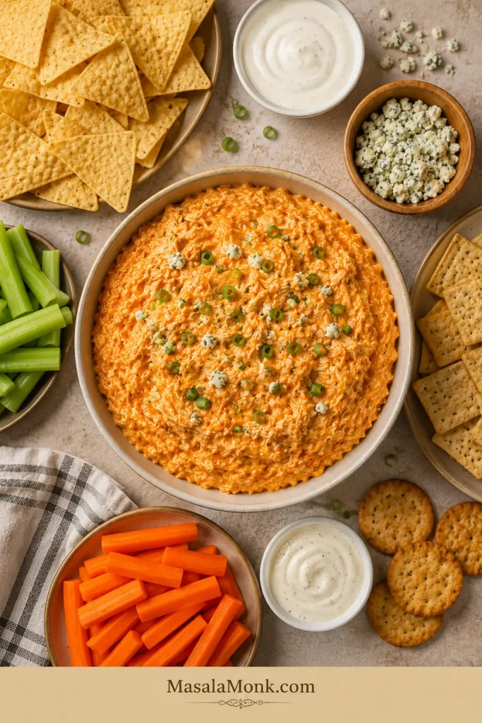 Overhead board of finished buffalo chicken dip with tortilla chips, celery, carrots, crackers, ranch, blue cheese crumbles, and green onions.