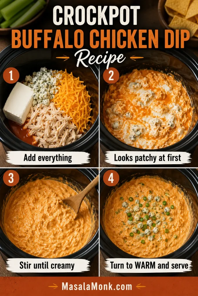 Four-step collage showing buffalo chicken dip ingredients added to a slow cooker, melting, stirred smooth, and finished on WARM.