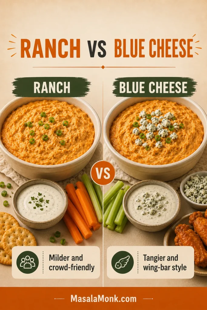 Side-by-side ranch and blue cheese comparison for buffalo chicken dip with bowls of dip, vegetables, and dippers.