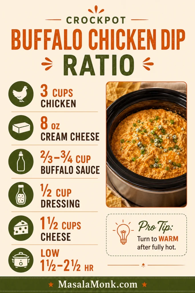Recipe ratio card for crockpot buffalo chicken dip with chicken, cream cheese, buffalo sauce, dressing, shredded cheese, and slow cooker timing.