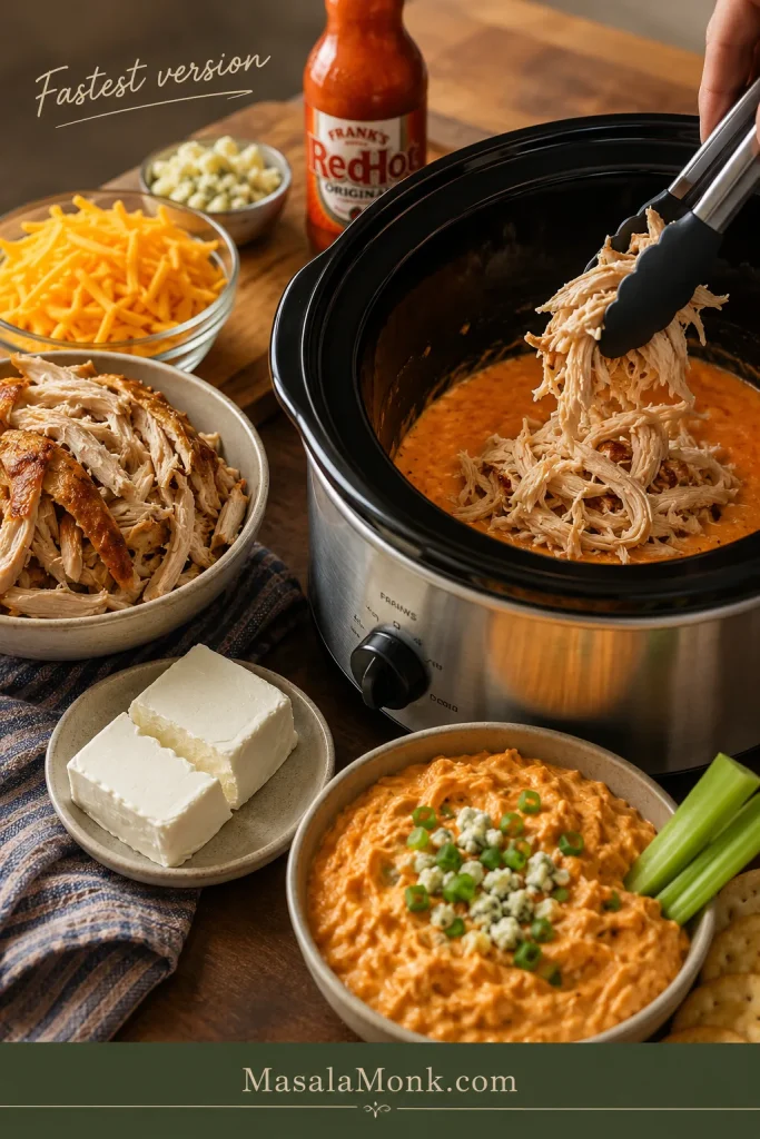 Shredded rotisserie chicken with cream cheese, buffalo sauce, shredded cheese, and a slow cooker for buffalo chicken dip.