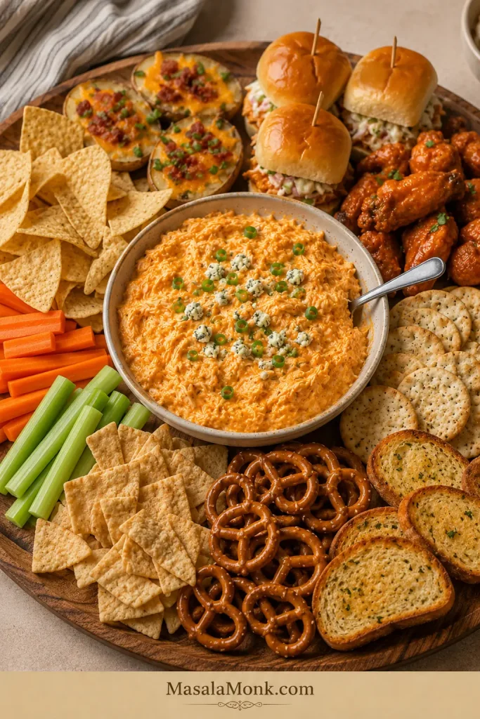 Serving board with buffalo chicken dip, tortilla chips, celery, carrots, crackers, pretzels, pita chips, toasted bread, wings, sliders, and potato skins.