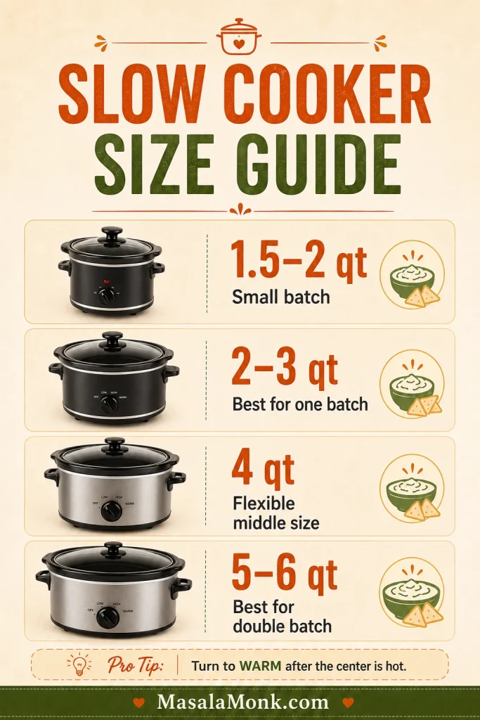 Slow cooker size guide showing 1.5 to 2 quart, 2 to 3 quart, 4 quart, and 5 to 6 quart cookers for buffalo chicken dip.