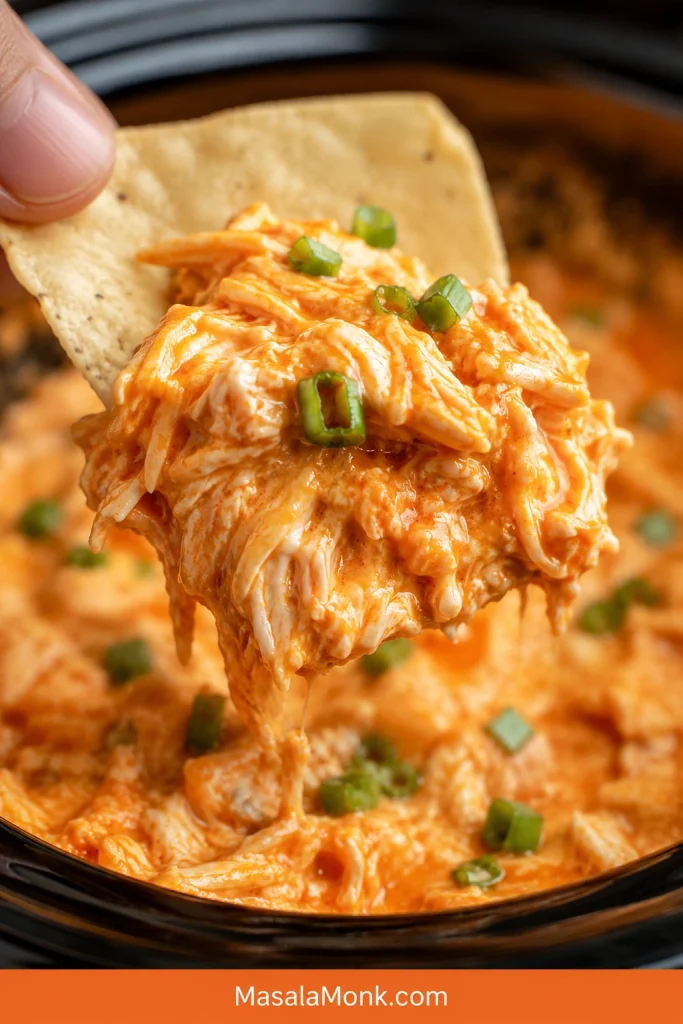 Tortilla chip holding a thick scoop of buffalo chicken dip with shredded chicken, melted cheese, and green onion garnish.