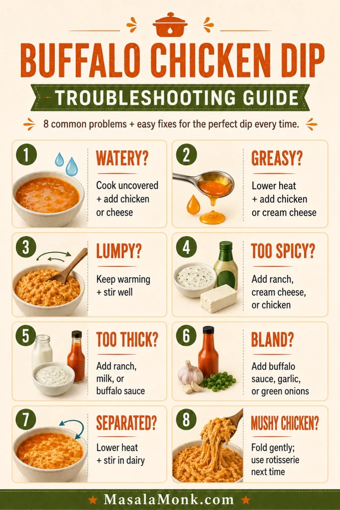 Troubleshooting infographic for buffalo chicken dip with fixes for watery, greasy, lumpy, too spicy, too thick, bland, separated, and mushy dip.