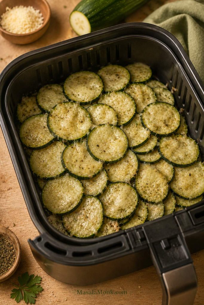 Overlapping zucchini rounds crowded inside an air fryer basket.