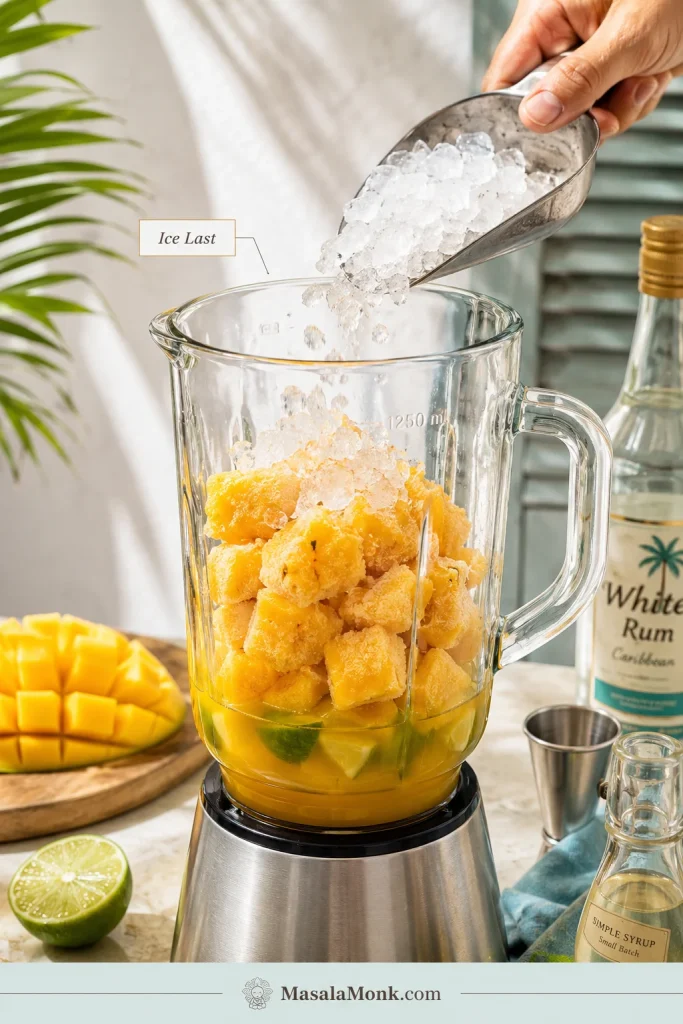 Crushed ice being poured from a metal scoop into a blender filled with frozen mango, lime, and liquid for a mango daiquiri.