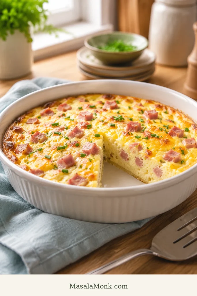 Crustless ham and cheese quiche in a white baking dish with one wedge removed, showing set custard, ham, cheese, and chives.